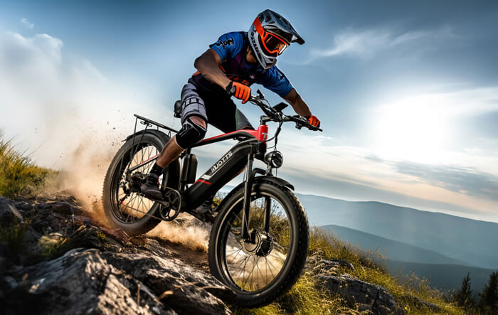 a man riding a duotts f26 off-road electric bike