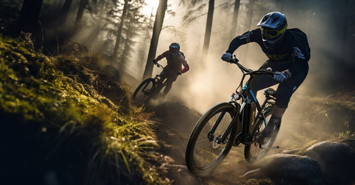 2 people cycling in the mountains