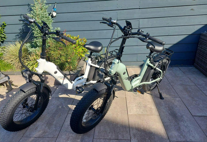 a white and a green fafrees ff20 polar ebikes in the yard