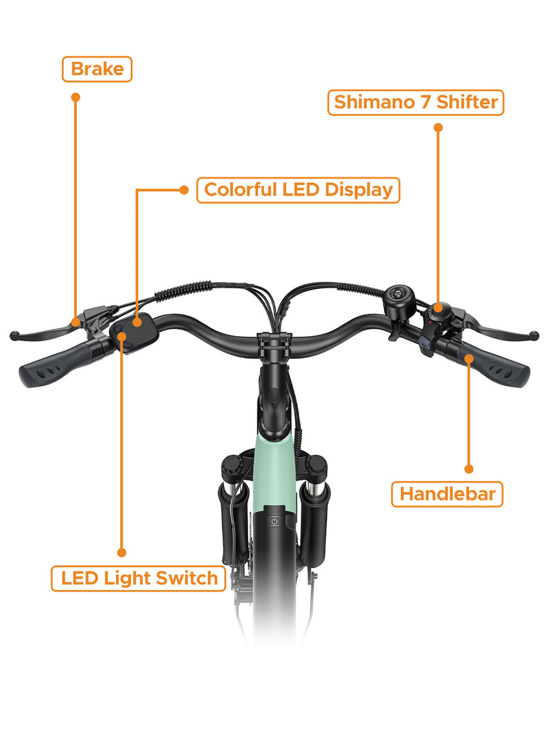 the brake, led display, shimano 7 shifter, handlebar and led light switch of the hillmiles milecity 1