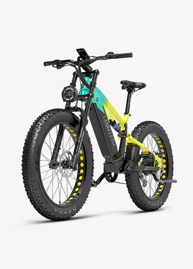 The LANKELEISI RV800 Plus mountain e-bike has a green, black, and yellow frame.
