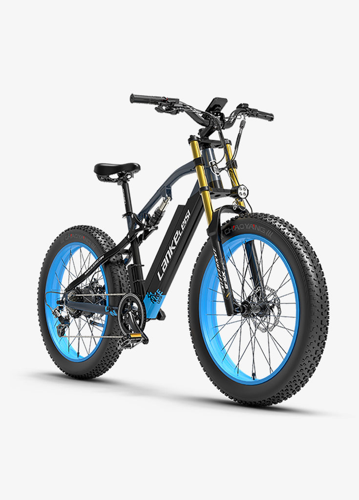 The electric bicycle with blue-colored inner tires.