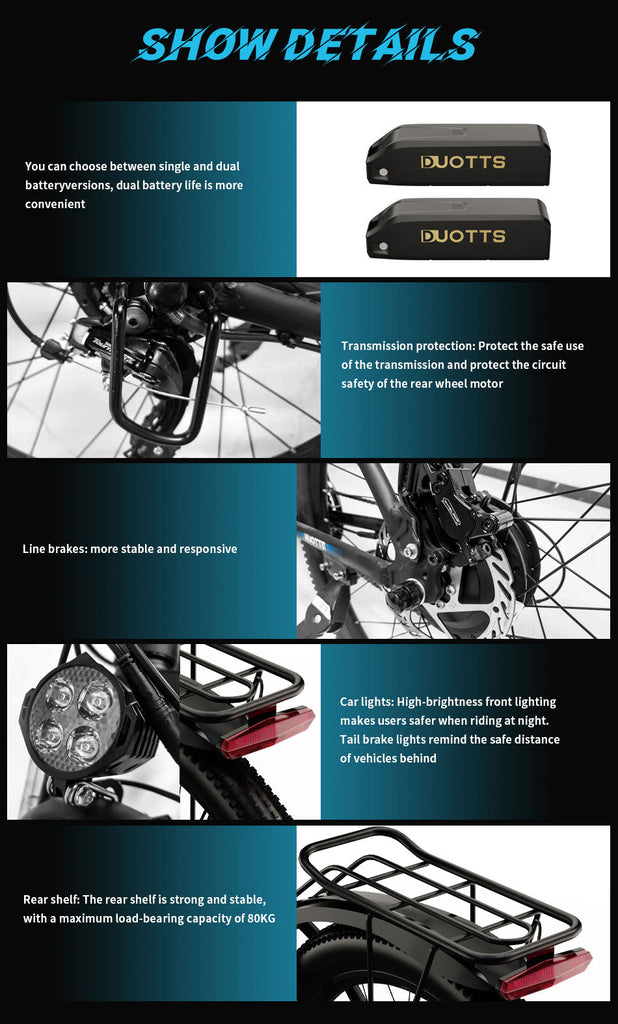 the components of the e-bike DUOTTS C29, includes battery, transmission protection, brakes, car lights and rear shelf