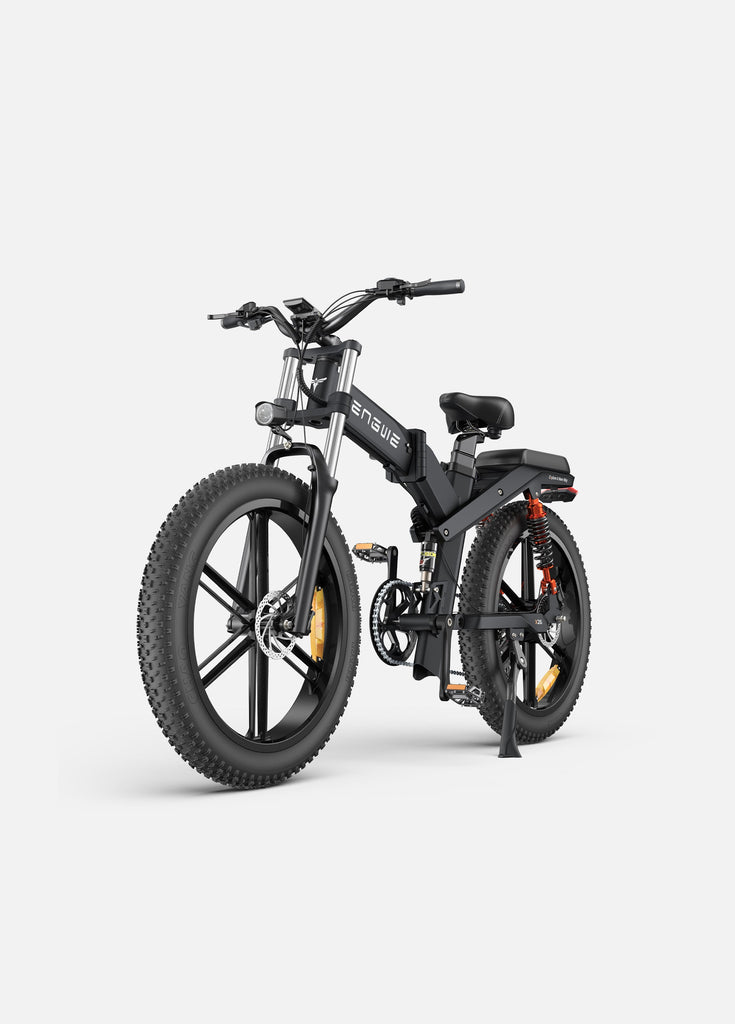 a black engwe x26 fold up electric bike with all-terrain tires